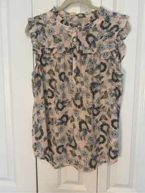 LOFT Pink Paisley Ruffle Cap-Sleeve Blouse with Yellow & Blue Accents